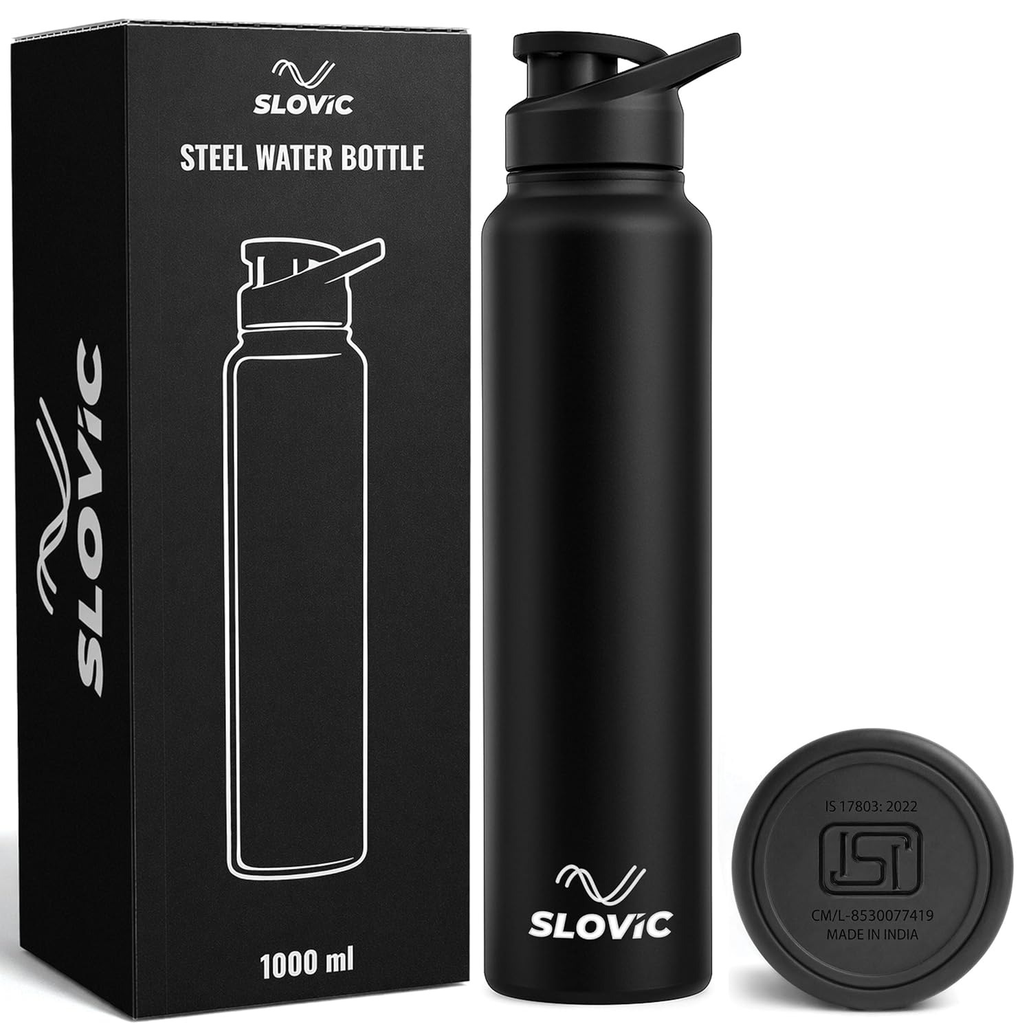 SLOVIC Steel Water Bottle 1 Ltr | Fridge Water Bottle with Sipper Cap | 100% BPA Free & leak-Proof | Sipper Bottles for Adults | Black